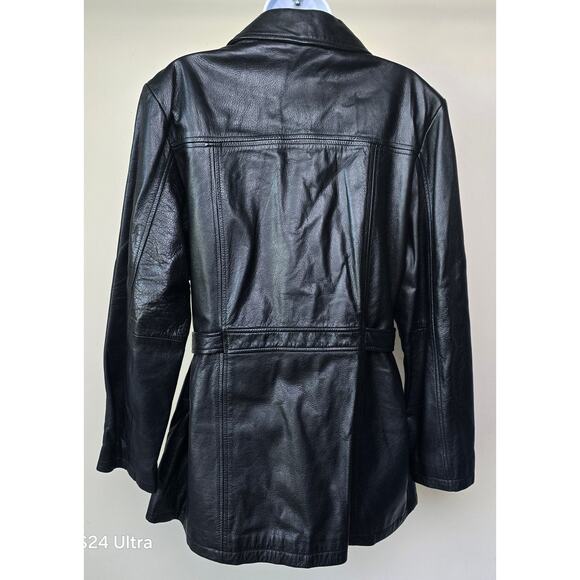 Outdoor Exchange Black Genuine Leather Jacket Belted Lined Coat Women's M - Picture 2 of 10